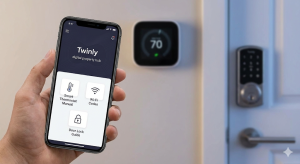 Hand holding a smartphone displaying the Twinly digital property hub interface with links to smart thermostat manuals, Wi-Fi codes, and digital door lock guides in a modern rental property.