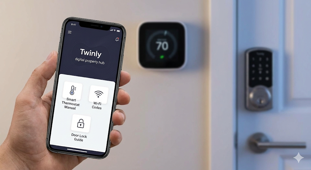 Hand holding a smartphone displaying the Twinly digital property hub interface with links to smart thermostat manuals, Wi-Fi codes, and digital door lock guides in a modern rental property.